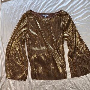 Metallic Gold Pleated top with Bell Sleeves and Back-tie